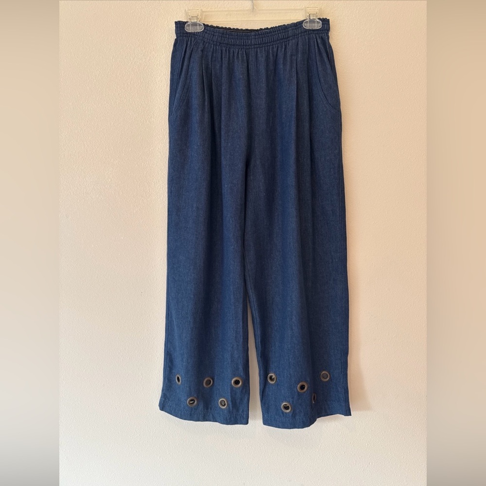 NEW 1980'S GENE EWING VINTAGE Blue Wide-Leg Pants with Grommet Detail Small